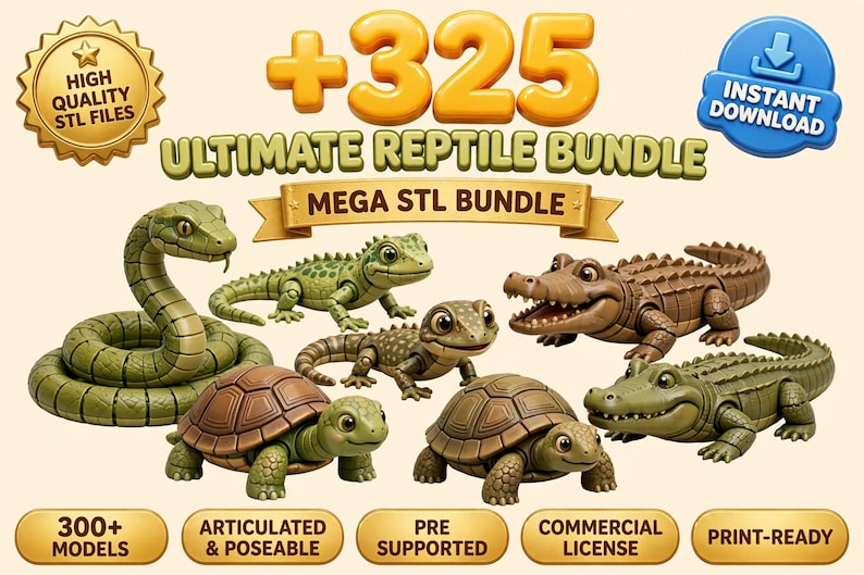 Paquete definitivo de reptiles / Más de 325 archivos STL de serpientes, lagartos, cocodrilos y tortugas / Impresión 3D imagen 1