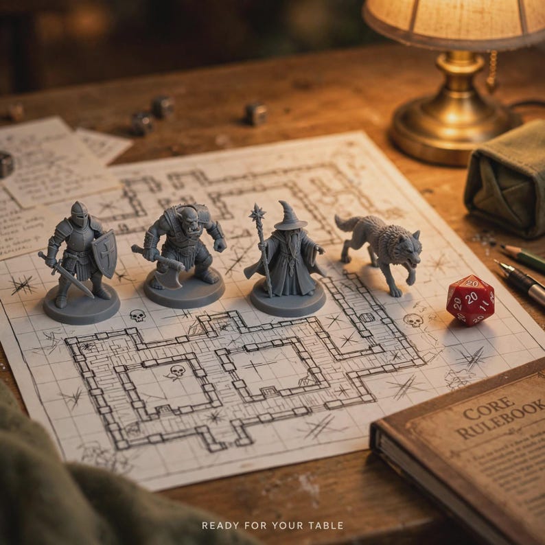 Puede incluir: Cuatro figuras en miniatura grises que incluyen un caballero con espada y escudo, un orco con hacha, un mago con bast&oacute;n y un lobo. Est&aacute;n colocadas sobre un mapa de cuadr&iacute;cula con dise&ntilde;os de mazmorras y un dado rojo de veinte caras.