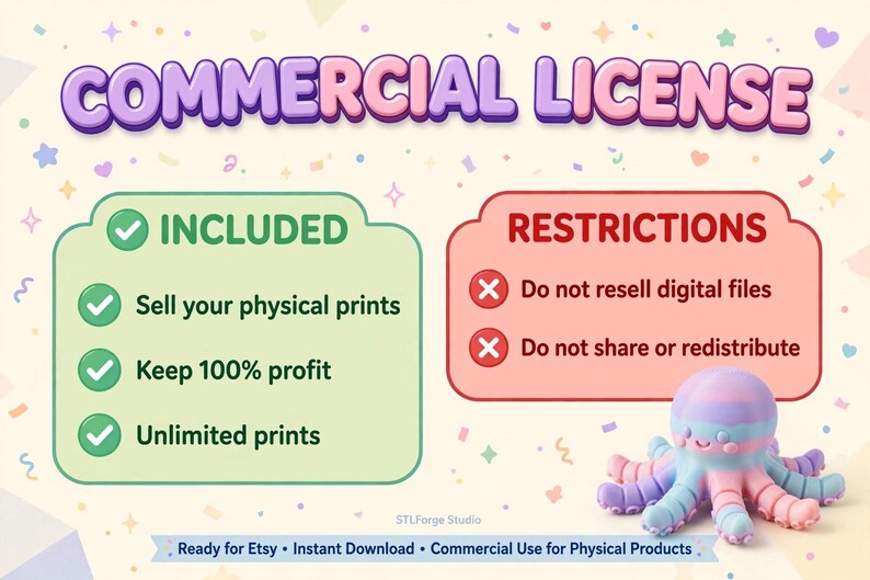 May include: A commercial license graphic with the title COMMERCIAL LICENSE in purple. A green box lists INCLUDED features: Sell your physical prints, Keep 100% profit, Unlimited prints. A red box lists RESTRICTIONS: Do not resell digital files, Do not share or redistribute. A pastel octopus figurine sits below.