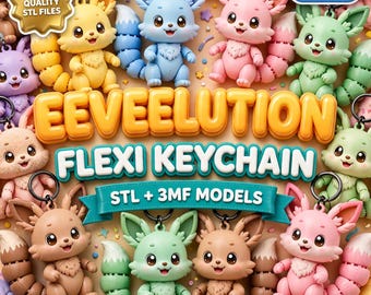 Eeveelution Flexi Keychain STL-bundel | Gearticuleerde Eevee Evolutions 3D-printbestanden