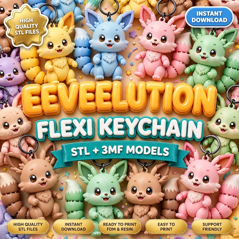 May include: A collection of colorful, articulated fox-like creature keychains in yellow, blue, pink, green, and brown. The image features the text EEVOLUTION FLEXI KEYCHAIN, STL + 3MF MODELS, HIGH QUALITY STL FILES, INSTANT DOWNLOAD, and READY TO PRINT.