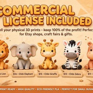May include: Five chibi-style animal figurines including a lion, elephant, giraffe, zebra, and hippo. Each figure has a small rectangular tag with text: $12 Chibi Lion, $14 Chibi Elephant, $15 Chibi Giraffe, $13 Chibi Zebra, and $11 Chibi Hippo.