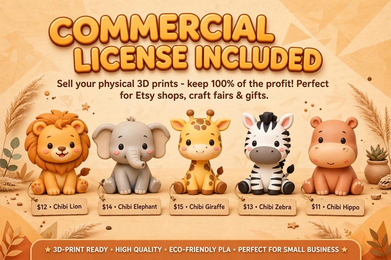 May include: Five chibi-style animal figurines including a lion, elephant, giraffe, zebra, and hippo. Each figure has a small rectangular tag with text: $12 Chibi Lion, $14 Chibi Elephant, $15 Chibi Giraffe, $13 Chibi Zebra, and $11 Chibi Hippo.