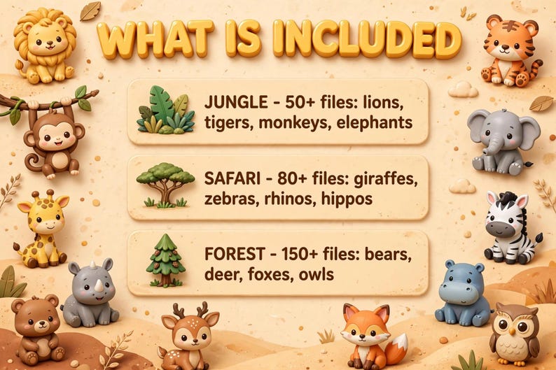 May include: A digital graphic titled WHAT IS INCLUDED featuring cartoon animal illustrations. It lists JUNGLE with 50+ files of lions, tigers, monkeys, elephants; SAFARI with 80+ files of giraffes, zebras, rhinos, hippos; and FOREST with 150+ files of bears, deer, foxes, owls.