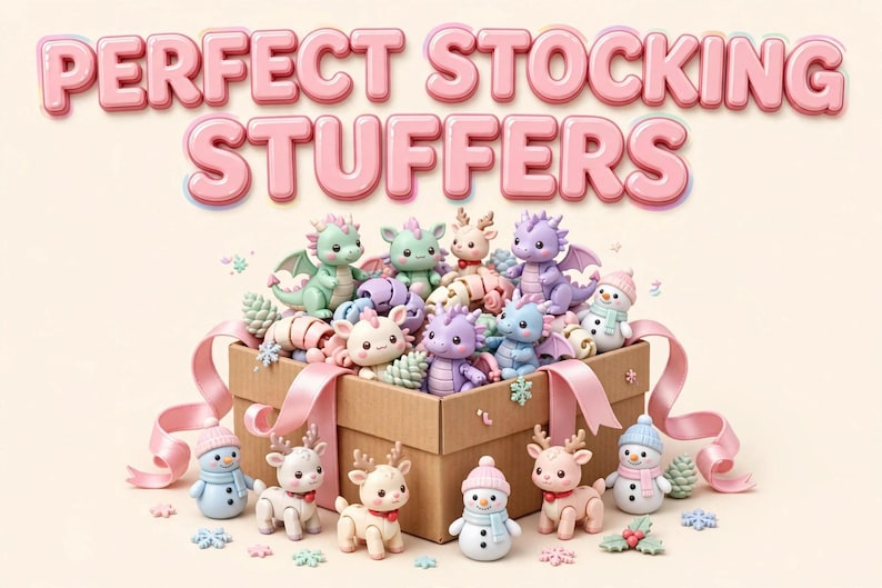 Puede incluir: Una caja de regalo de cart&oacute;n marr&oacute;n llena de peque&ntilde;as figuras de pl&aacute;stico de colores con formas de dragones, renos y mu&ntilde;ecos de nieve. El texto PERFECT STOCKING STUFFERS aparece en grandes letras rosas de estilo burbuja sobre la caja con lazo.