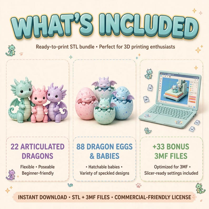 May include: A digital product bundle titled WHAT'S INCLUDED featuring 22 articulated dragon figures, 88 dragon eggs with baby dragons, and 33 bonus 3MF files shown on a laptop screen. The set includes STL and 3MF files for 3D printing projects.
