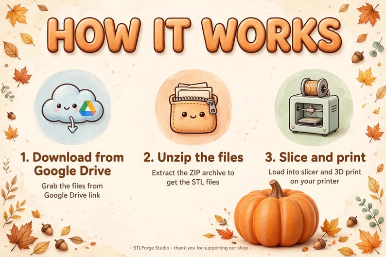 Puede incluir: Un gr&aacute;fico instructivo titulado HOW IT WORKS que muestra tres pasos: 1. Descargar desde Google Drive, 2. Descomprimir los archivos y 3. Cortar e imprimir con un icono de impresora 3D, rodeado de hojas de oto&ntilde;o y una calabaza.