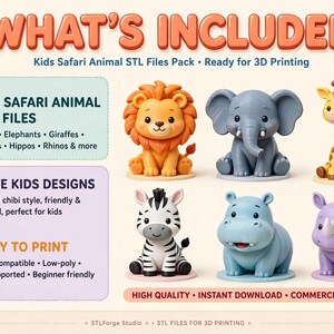 Puede incluir: Un listado de producto digital para 90+ archivos STL de animales de safari para impresi&oacute;n 3D. La imagen muestra seis figuras de estilo caricatura: un le&oacute;n, elefante, jirafa, cebra, hipop&oacute;tamo y rinoceronte. El texto incluye WHAT'S INCLUDED, Kids Safari Animal STL Files Pack y caracter&iacute;sticas como Easy to Print y High Quality.