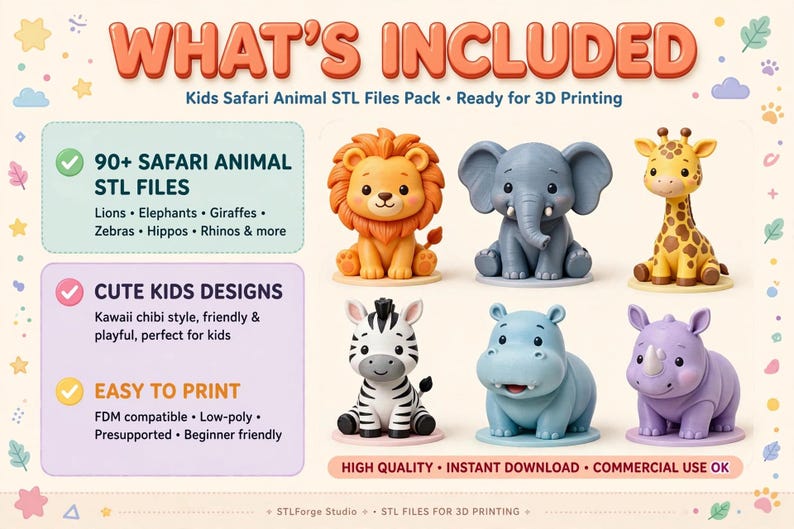 Puede incluir: Un listado de producto digital para 90+ archivos STL de animales de safari para impresi&oacute;n 3D. La imagen muestra seis figuras de estilo caricatura: un le&oacute;n, elefante, jirafa, cebra, hipop&oacute;tamo y rinoceronte. El texto incluye WHAT'S INCLUDED, Kids Safari Animal STL Files Pack y caracter&iacute;sticas como Easy to Print y High Quality.