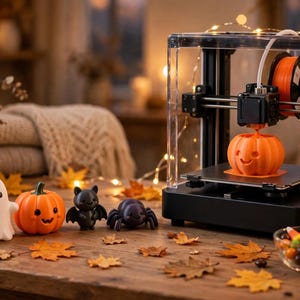 May include: A white 3D printer with a clear enclosure is printing an orange pumpkin figure. On the table are a white ghost figurine, an orange pumpkin, a black bat, a black spider, and a small glass bowl filled with colourful candy corn pieces.