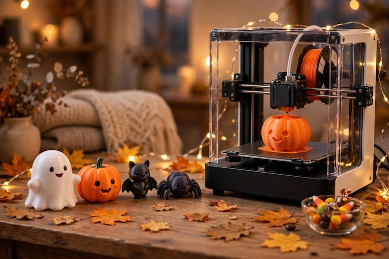 May include: A white 3D printer with a clear enclosure is printing an orange pumpkin figure. On the table are a white ghost figurine, an orange pumpkin, a black bat, a black spider, and a small glass bowl filled with colourful candy corn pieces.