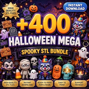 May include: A digital graphic advertising a bundle of 400 Halloween-themed STL files. The image features various 3D-style characters including a vampire, mummy, ghosts, a clown-like creature, and a skull, set against a dark purple background.