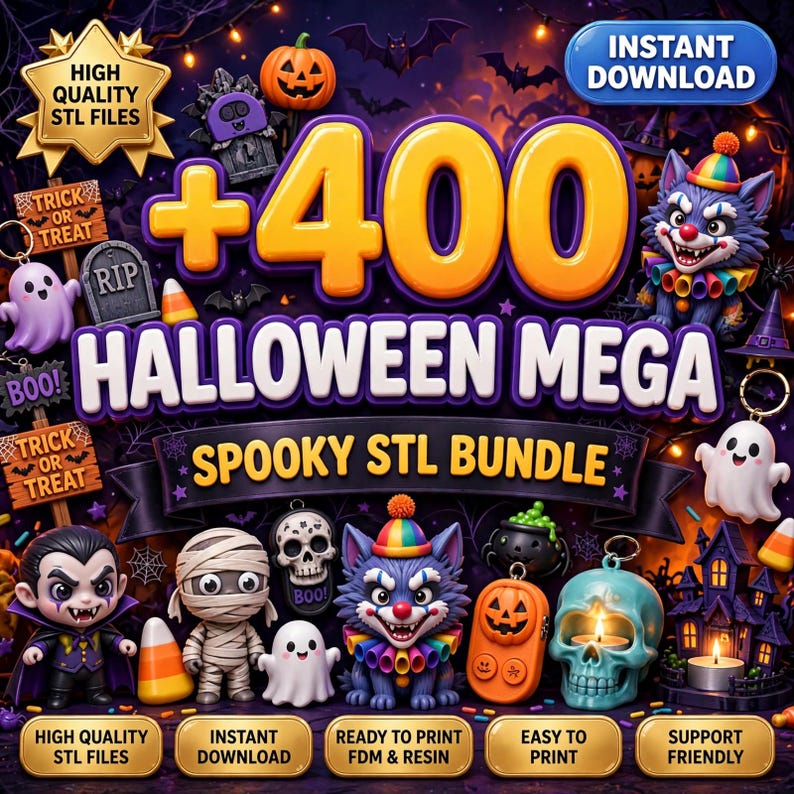 May include: A digital graphic advertising a bundle of 400 Halloween-themed STL files. The image features various 3D-style characters including a vampire, mummy, ghosts, a clown-like creature, and a skull, set against a dark purple background.