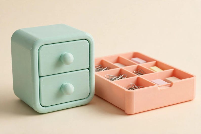 May include: A mint green two-drawer mini storage chest with rounded corners and spherical knobs, positioned next to a peach-coloured rectangular desk organiser tray featuring nine individual compartments filled with metal paper clips.
