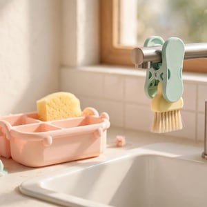 May include: A light pink rectangular sink caddy with four compartments containing a yellow sponge, a small light green shell-shaped object, and a light green clip-on brush with white bristles attached to a stainless steel kitchen tap.