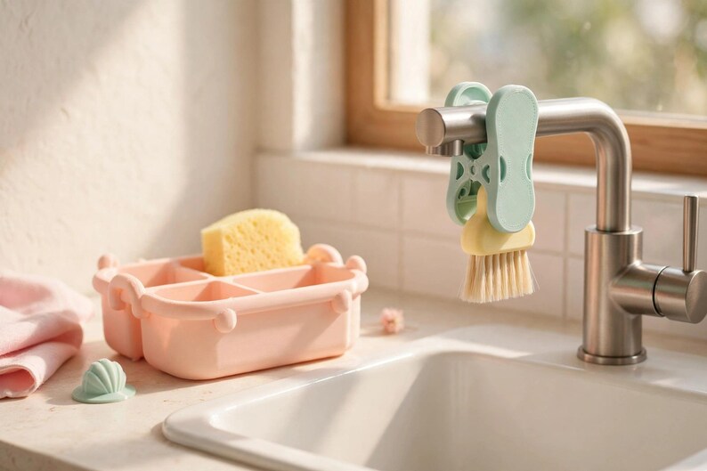 May include: A light pink rectangular sink caddy with four compartments containing a yellow sponge, a small light green shell-shaped object, and a light green clip-on brush with white bristles attached to a stainless steel kitchen tap.