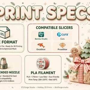 May include: An infographic titled PRINT SPECS featuring 3D printing details including STL file format, compatible slicers like Bambu Studio, Cura, OrcaSlicer, and PrusaSlicer, a 0.4mm nozzle recommendation, and PLA filament settings with a holiday gift box.