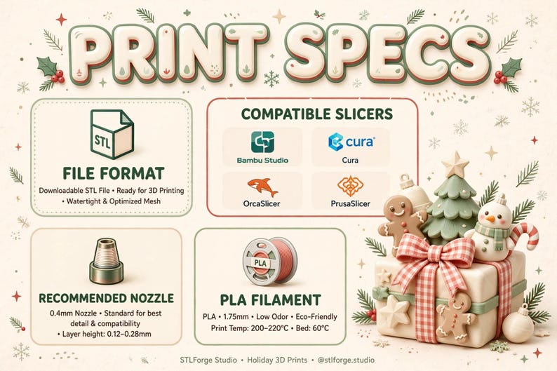 May include: An infographic titled PRINT SPECS featuring 3D printing details including STL file format, compatible slicers like Bambu Studio, Cura, OrcaSlicer, and PrusaSlicer, a 0.4mm nozzle recommendation, and PLA filament settings with a holiday gift box.
