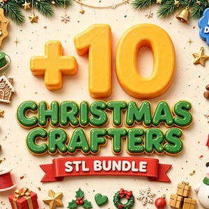 K&ouml;nnte beinhalten: Eine digitale Grafik mit dem Text +10 CHRISTMAS CRAFTERS STL BUNDLE. Das Bild enth&auml;lt 3D-Icons eines Lebkuchenmanns, eines Schneemanns, eines Rentiers, eines Weihnachtsbaums, Zuckerstangen, Geschenkboxen und Spulen mit farbigem Filament.