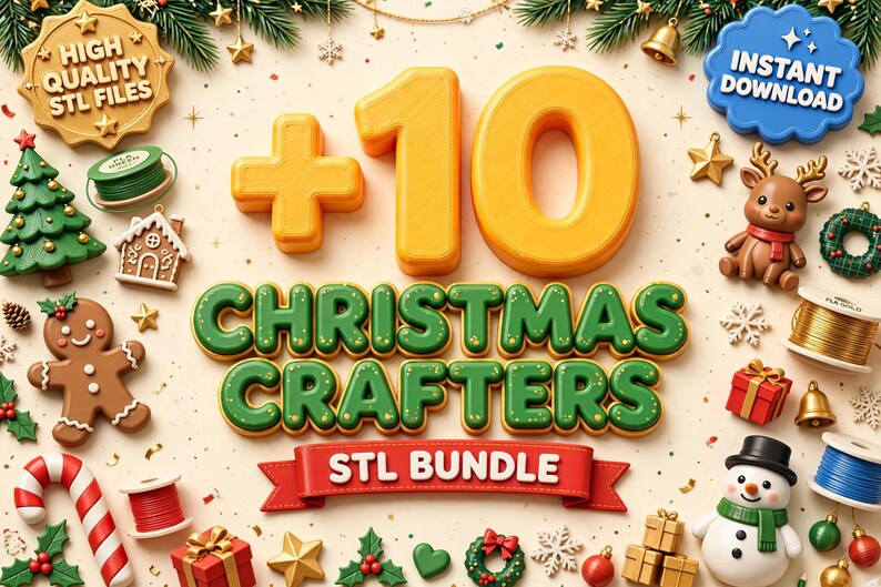 K&ouml;nnte beinhalten: Eine digitale Grafik mit dem Text +10 CHRISTMAS CRAFTERS STL BUNDLE. Das Bild enth&auml;lt 3D-Icons eines Lebkuchenmanns, eines Schneemanns, eines Rentiers, eines Weihnachtsbaums, Zuckerstangen, Geschenkboxen und Spulen mit farbigem Filament.