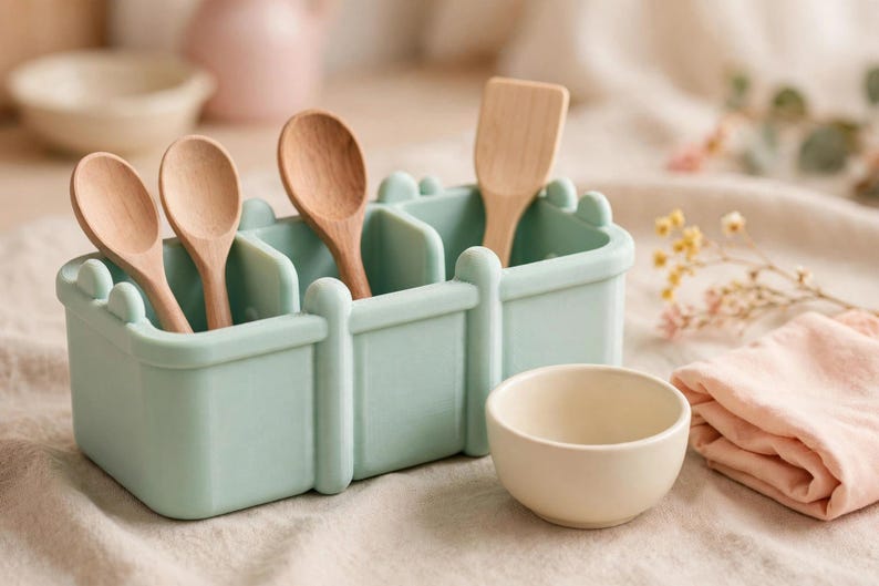 May include: A light green rectangular silicone organiser with three divided compartments containing three light brown wooden spoons and one light brown wooden spatula, accompanied by a small, round, off-white ceramic bowl.