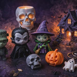 May include: A collection of Halloween-themed figurines including a green monster, a vampire, a witch with a broom, a small grey skull, an orange jack-o'-lantern, two white ghost keychains, a skull candle holder, and a miniature haunted house.
