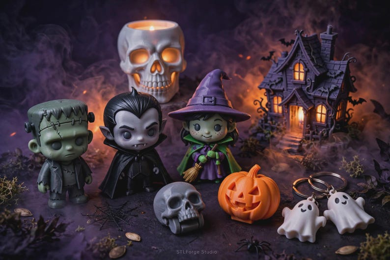 May include: A collection of Halloween-themed figurines including a green monster, a vampire, a witch with a broom, a small grey skull, an orange jack-o'-lantern, two white ghost keychains, a skull candle holder, and a miniature haunted house.