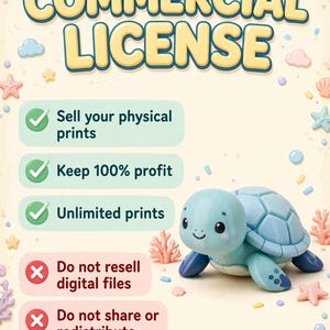 May include: A commercial license graphic featuring the text COMMERCIAL LICENSE, three green checkmarks for selling physical prints, keeping 100% profit, and unlimited prints, and two red X marks for not reselling digital files or sharing.