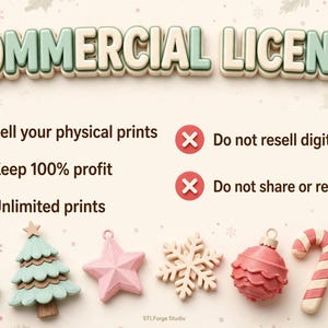May include: A commercial license graphic with the text COMMERCIAL LICENSE at the top. It lists three green checkmark permissions: Sell your physical prints, Keep 100% profit, and Unlimited prints, and two red X prohibitions: Do not resell digital files and Do not share or redistribute. Below are seven holiday-themed ornaments including trees, a star, a snowflake, a bauble, a candy cane, and a bell.