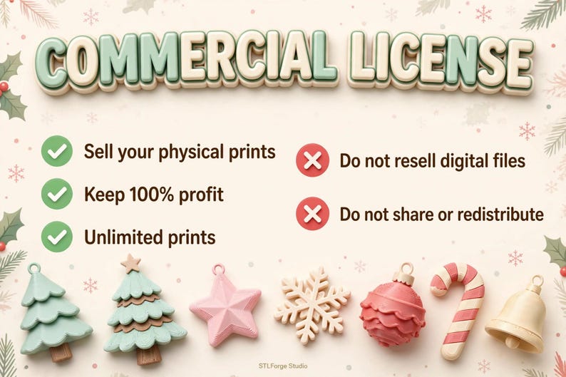 May include: A commercial license graphic with the text COMMERCIAL LICENSE at the top. It lists three green checkmark permissions: Sell your physical prints, Keep 100% profit, and Unlimited prints, and two red X prohibitions: Do not resell digital files and Do not share or redistribute. Below are seven holiday-themed ornaments including trees, a star, a snowflake, a bauble, a candy cane, and a bell.