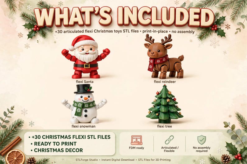 May include: A collection of 30 articulated flexi Christmas toy STL files including a Santa, reindeer, snowman, and tree. The text reads WHAT'S INCLUDED, 30 articulated flexi Christmas toys STL files, print-in-place, no assembly, and 30 CHRISTMAS FLEXI STL FILES.