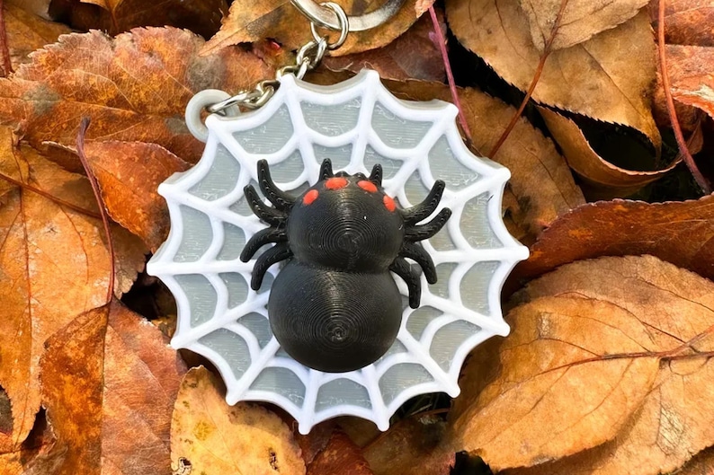 May include: A circular keyring featuring a white spider web design with a grey centre. A black spider with four small, bright red spots on its back is positioned in the middle of the web. The keyring includes a silver metal ring at the top.