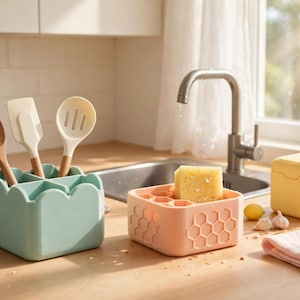 May include: A light green square utensil holder with scalloped edges containing a wooden spoon, a spatula, and a slotted spoon. Next to it is a peach-coloured square sponge holder with a honeycomb pattern holding a yellow sponge.