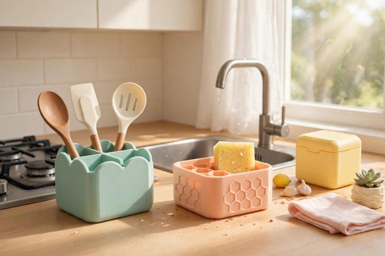 May include: A light green square utensil holder with scalloped edges containing a wooden spoon, a spatula, and a slotted spoon. Next to it is a peach-coloured square sponge holder with a honeycomb pattern holding a yellow sponge.