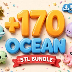 May include: A digital graphic featuring the text +170 OCEAN STL BUNDLE with a gold badge labeled HIGH QUALITY STL FILES and a blue button labeled INSTANT DOWNLOAD. Surrounding the text are 3D-style illustrations of a blue dolphin, purple whale, green turtle, and pink octopus.