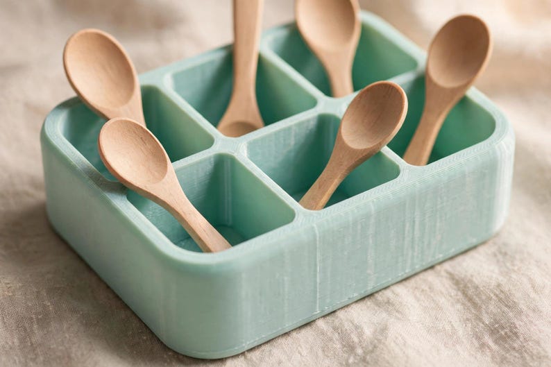 May include: A light mint green rectangular tray with six individual square compartments. Five small, light-coloured wooden spoons are placed inside the compartments, with their handles extending upwards from the tray's structure.