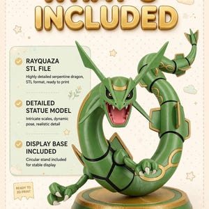 K&ouml;nnte beinhalten: Eine gr&uuml;ne, schlangenf&ouml;rmige Drachenfigur mit goldenen Akzenten, scharfen Z&auml;hnen und einer dynamischen Pose auf einem runden Sockel. Der Text lautet WHAT'S INCLUDED, RAYQUAZA STL FILE, DETAILED STATUE MODEL, DISPLAY BASE INCLUDED, STLForge Studio, FDM PRINT, STL DOWNLOAD.