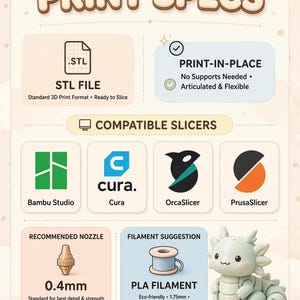 May include: An informational graphic titled PRINT SPECS detailing 3D printing requirements. It lists STL file format, print-in-place capabilities, compatible slicers including Bambu Studio, Cura, OrcaSlicer, and PrusaSlicer, a 0.4mm nozzle, and PLA filament suggestions, featuring a small light green articulated dragon figure.