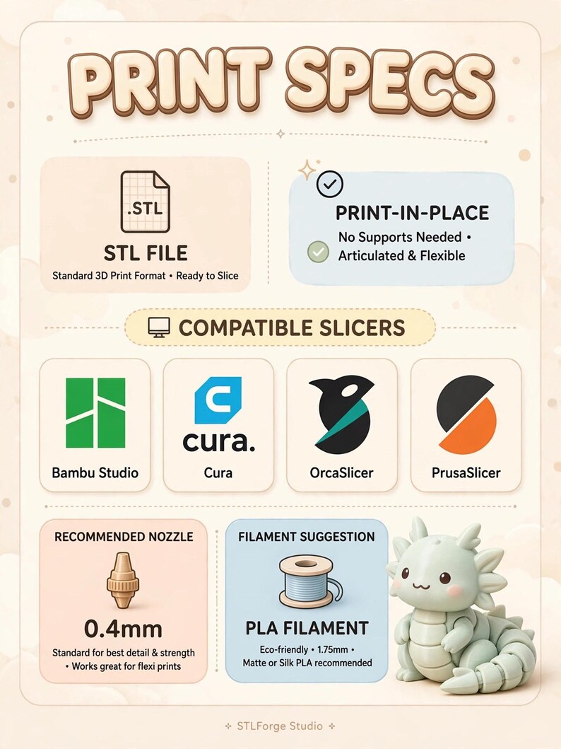 May include: An informational graphic titled PRINT SPECS detailing 3D printing requirements. It lists STL file format, print-in-place capabilities, compatible slicers including Bambu Studio, Cura, OrcaSlicer, and PrusaSlicer, a 0.4mm nozzle, and PLA filament suggestions, featuring a small light green articulated dragon figure.