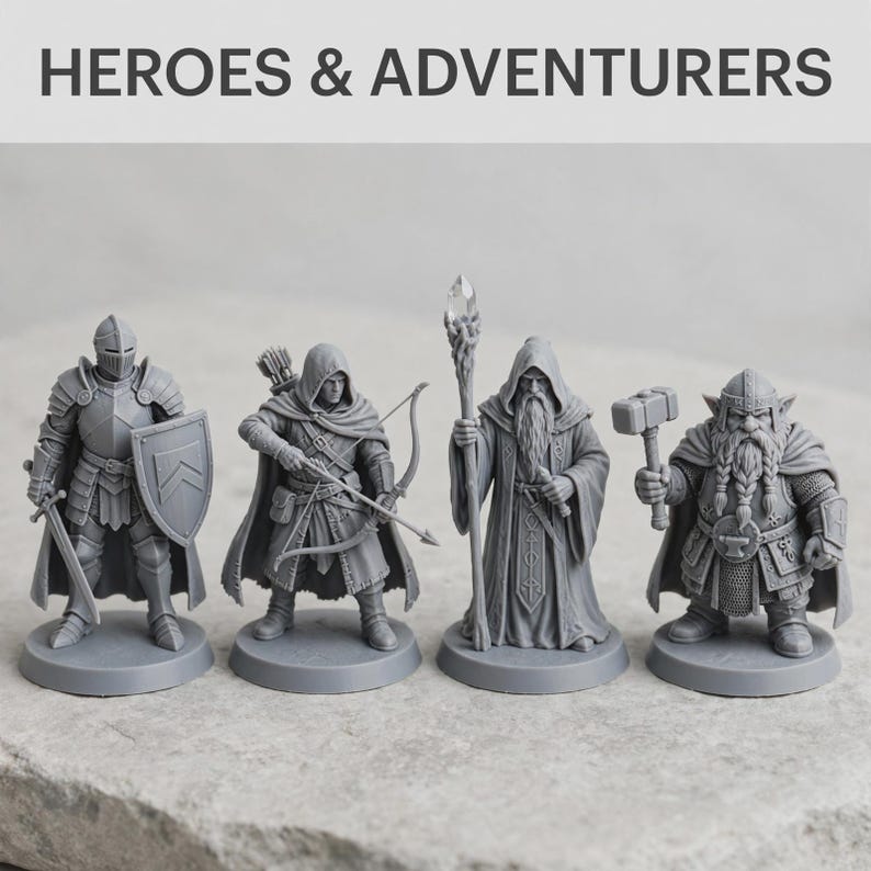Puede incluir: Cuatro figuras en miniatura grises sin pintar con el texto HEROES & ADVENTURERS. El conjunto incluye un caballero con espada y escudo, un arquero con arco y carcaj, un mago con t&uacute;nica y bast&oacute;n de cristal, y un enano con un martillo.
