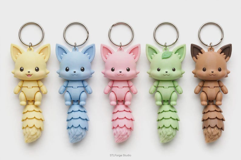 May include: Five fox-shaped keychains with metal rings, each featuring a different pastel color: yellow, light blue, pink, light green, and brown. Each figure has large eyes, pointed ears, and a segmented tail. The text STLForge Studio is at the bottom.