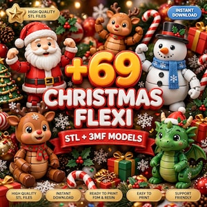 Puede incluir: Una colecci&oacute;n de figuras articuladas navide&ntilde;as imprimibles en 3D que incluye a Santa Claus, un mu&ntilde;eco de nieve, un reno y un drag&oacute;n. El texto dice +69 CHRISTMAS FLEXI, STL + 3MF MODELS, HIGH QUALITY STL FILES, INSTANT DOWNLOAD, READY TO PRINT FDM & RESIN, EASY TO PRINT, SUPPORT FRIENDLY.