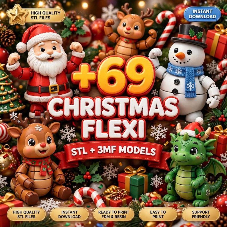 Puede incluir: Una colecci&oacute;n de figuras articuladas navide&ntilde;as imprimibles en 3D que incluye a Santa Claus, un mu&ntilde;eco de nieve, un reno y un drag&oacute;n. El texto dice +69 CHRISTMAS FLEXI, STL + 3MF MODELS, HIGH QUALITY STL FILES, INSTANT DOWNLOAD, READY TO PRINT FDM & RESIN, EASY TO PRINT, SUPPORT FRIENDLY.