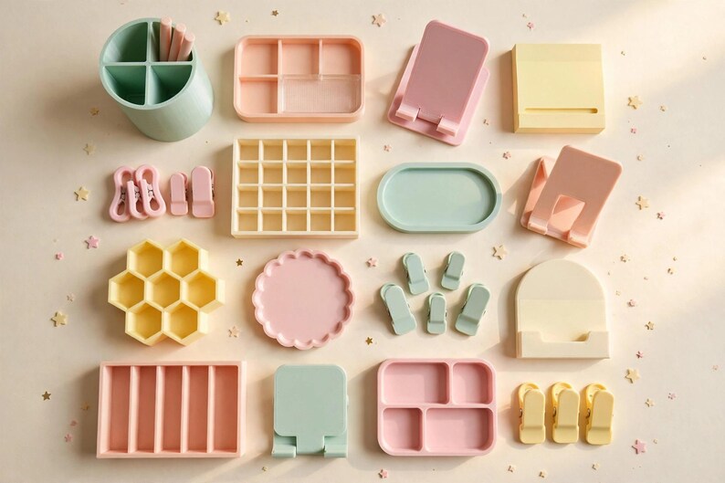 May include: A collection of pastel-coloured desk organisers and accessories including a pen holder, divided trays, phone stands, a honeycomb-shaped container, a scalloped dish, and various clips in shades of mint green, soft pink, and pale yellow.