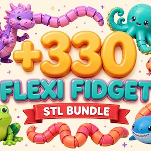 May include: A digital collection of 330 flexi fidget STL files featuring a purple dragon, a teal octopus, a green frog, a blue shark, and two segmented snakes in pink and orange. The text reads +330 FLEXI FIDGET STL BUNDLE, HIGH QUALITY STL FILES, and INSTANT DOWNLOAD.