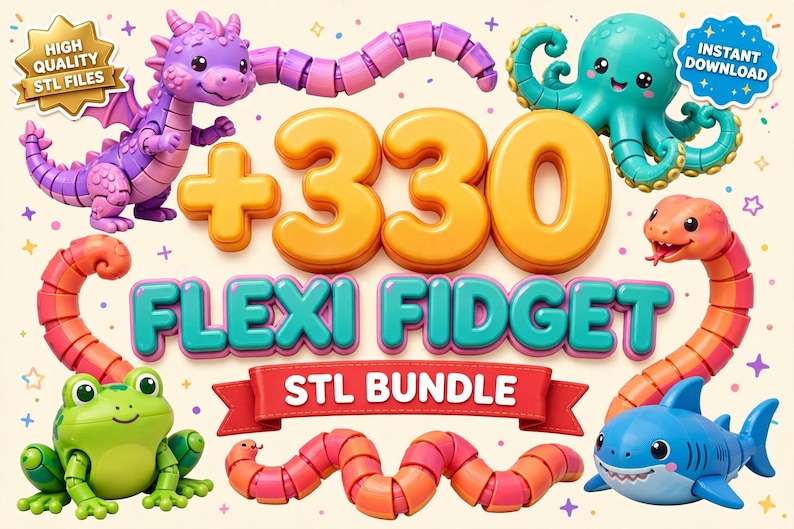 May include: A digital collection of 330 flexi fidget STL files featuring a purple dragon, a teal octopus, a green frog, a blue shark, and two segmented snakes in pink and orange. The text reads +330 FLEXI FIDGET STL BUNDLE, HIGH QUALITY STL FILES, and INSTANT DOWNLOAD.