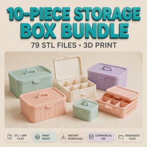 May include: A 10-piece storage box bundle featuring 79 STL files for 3D printing. The set includes various rectangular containers in pastel green, peach, cream, and lavender, some with lids and internal dividers, others with drawers.