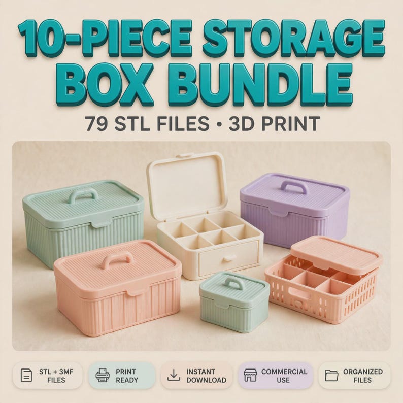 May include: A 10-piece storage box bundle featuring 79 STL files for 3D printing. The set includes various rectangular containers in pastel green, peach, cream, and lavender, some with lids and internal dividers, others with drawers.