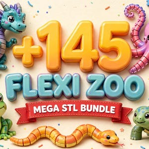 May include: A digital graphic featuring the text +145 FLEXI ZOO MEGA STL BUNDLE. The image displays a teal dragon, a pink octopus, a green frog, a yellow and orange snake, and a green turtle. Includes a gold star badge and a blue download icon.