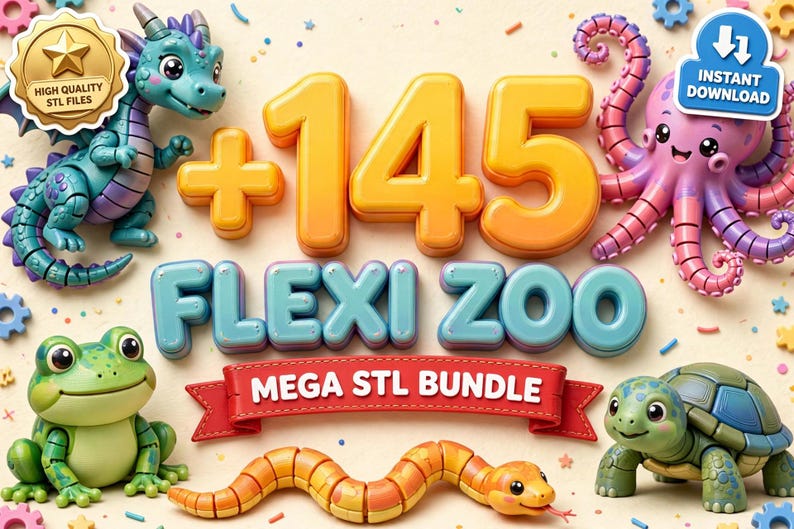 May include: A digital graphic featuring the text +145 FLEXI ZOO MEGA STL BUNDLE. The image displays a teal dragon, a pink octopus, a green frog, a yellow and orange snake, and a green turtle. Includes a gold star badge and a blue download icon.